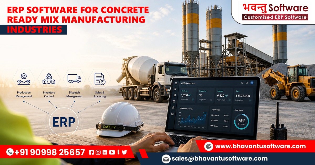ERP software dashboard for ready mix concrete industry showing production, inventory, and dispatch management